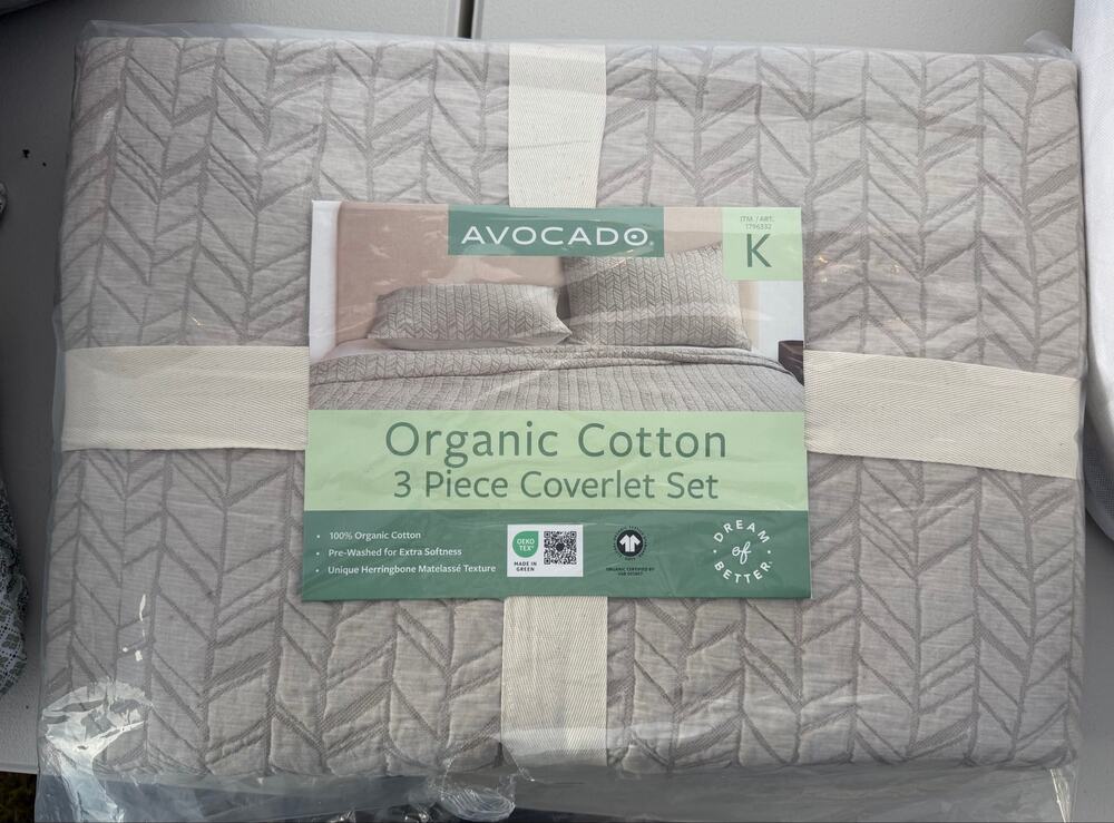 Avocado 3 Piece King Coverlet Set Organic Cotton Gray Herringbone Matelasse